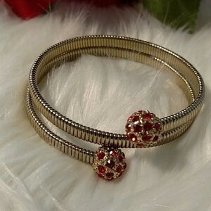 White House Black Market Goldtone Wrap Bangle Bracelet With Red Rhinestones OS